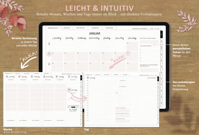 Detailansicht Tagesplanung, Wochenplanung, Monatsplanung, digitaler Terminplaner 2023 mit extra Notizseiten